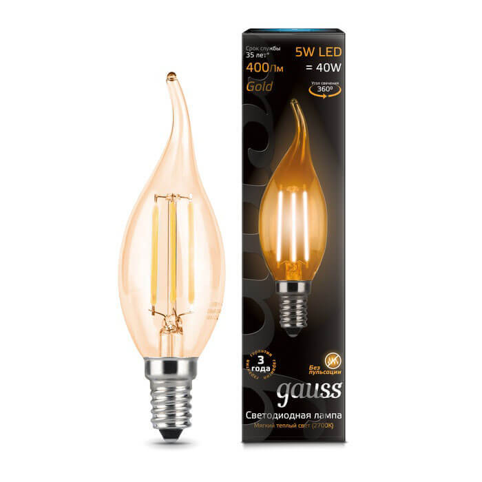 Лампа Gauss Filament Свеча на ветру 5W 400lm 2700К Е14 golden LED 1/10/50 104801005