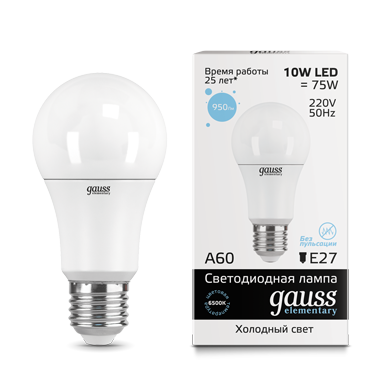 Лампа Gauss LED Elementary A60 10W E27 950lm 6500K 1/10/50 23230