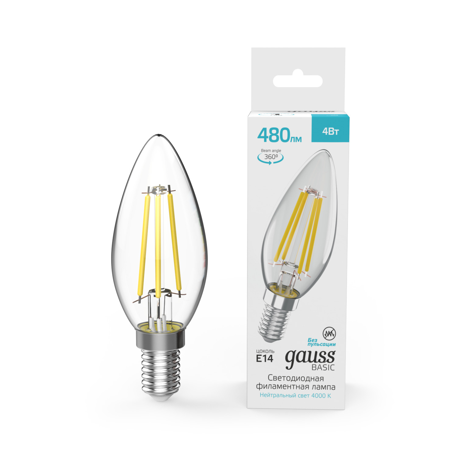 Лампа Gauss Basic Filament Свеча 4W 480lm 4000K E14 LED 1/10/50 50312242