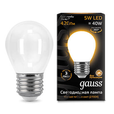 Лампа Gauss LED Filament Шар OPAL E27 5W 420lm 2700K 1/10/50 105202105