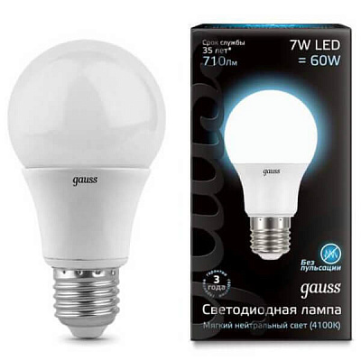 Лампа Gauss LED A60 E27 7W 710lm 4100K 1/10/40 102502207