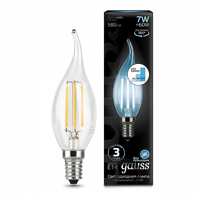 Лампа Gauss LED Filament Свеча на ветру E14 7W 580lm 4100K step dimmable 1/10/50 104801207-S