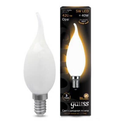 Лампа Gauss LED Filament Свеча на ветру OPAL E14 5W 420lm 2700К 1/10/50 104201105
