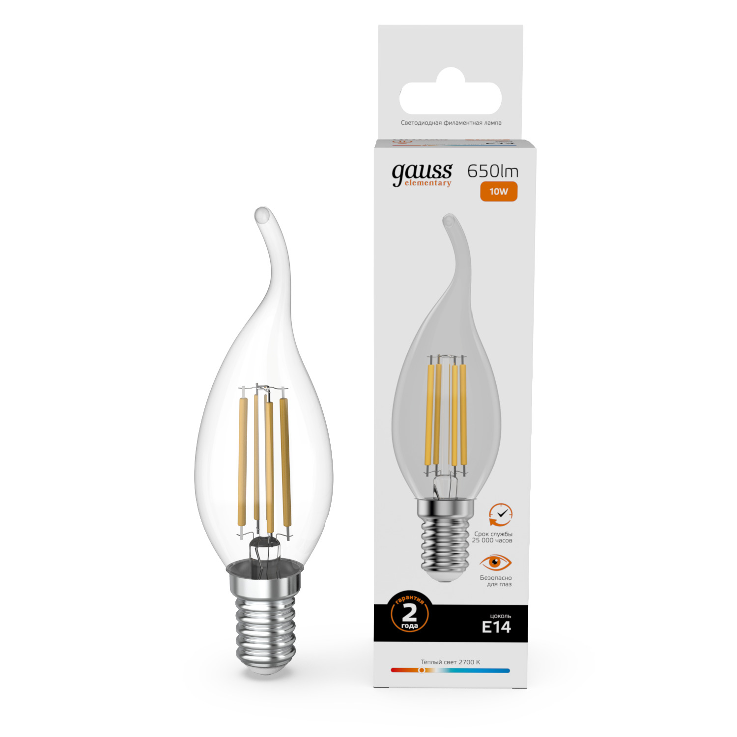 Лампа Gauss Filament Elementary Свеча на ветру 10W 650lm 2700К Е14 LED 1/10/100 42110