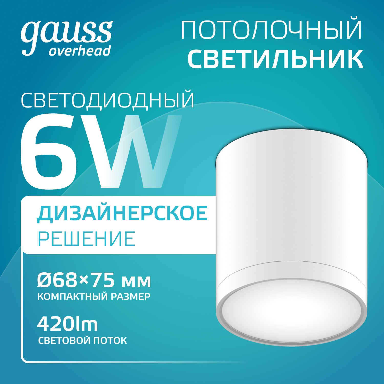 Светильник Gauss Overhead накл цил 6W 420lm 4100K 170-240V IP20 68*75мм белый с расс LED 1/30 HD022