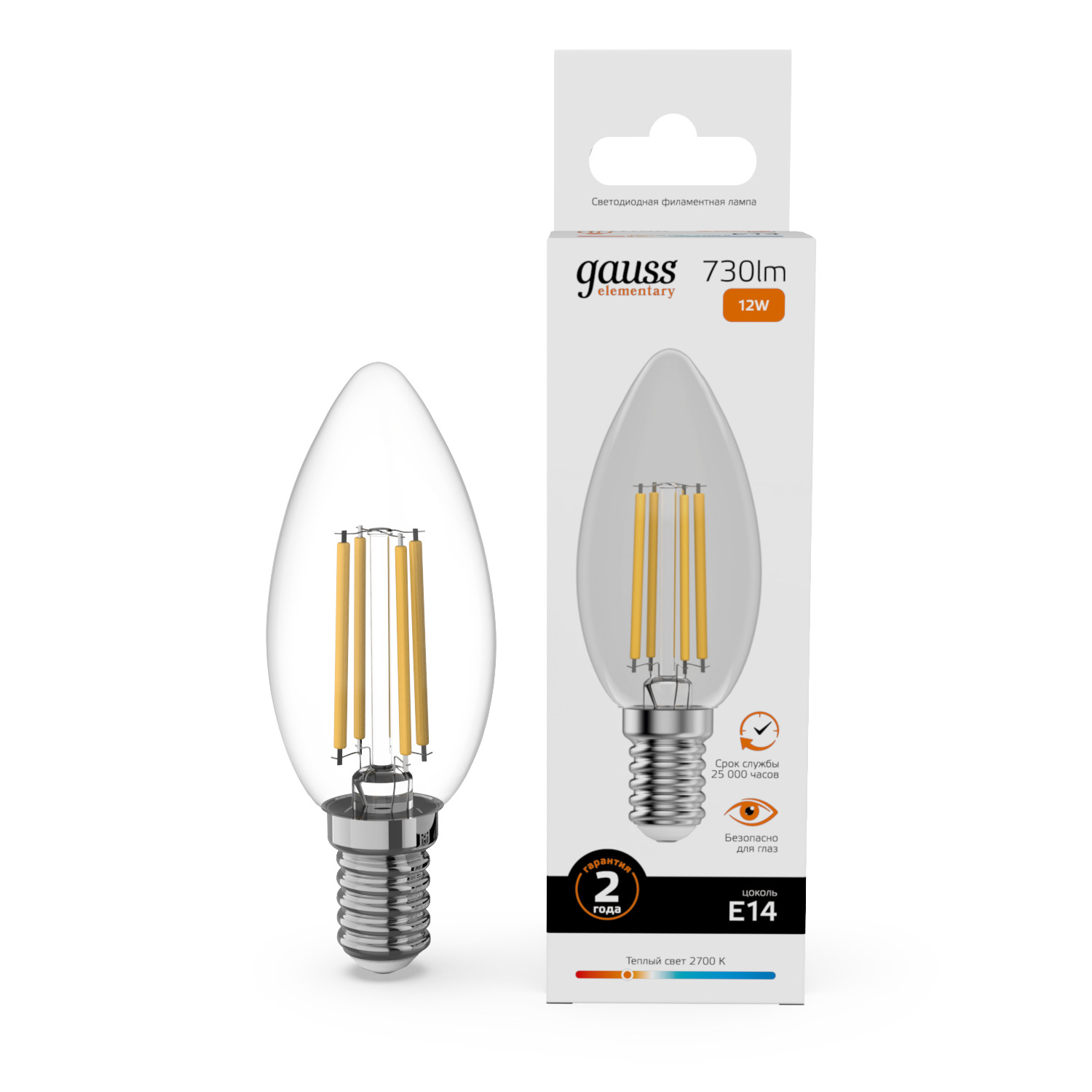 Лампа Gauss Filament Elementary Свеча 12W 730lm 2700К Е14 LED 1/10/100 32112