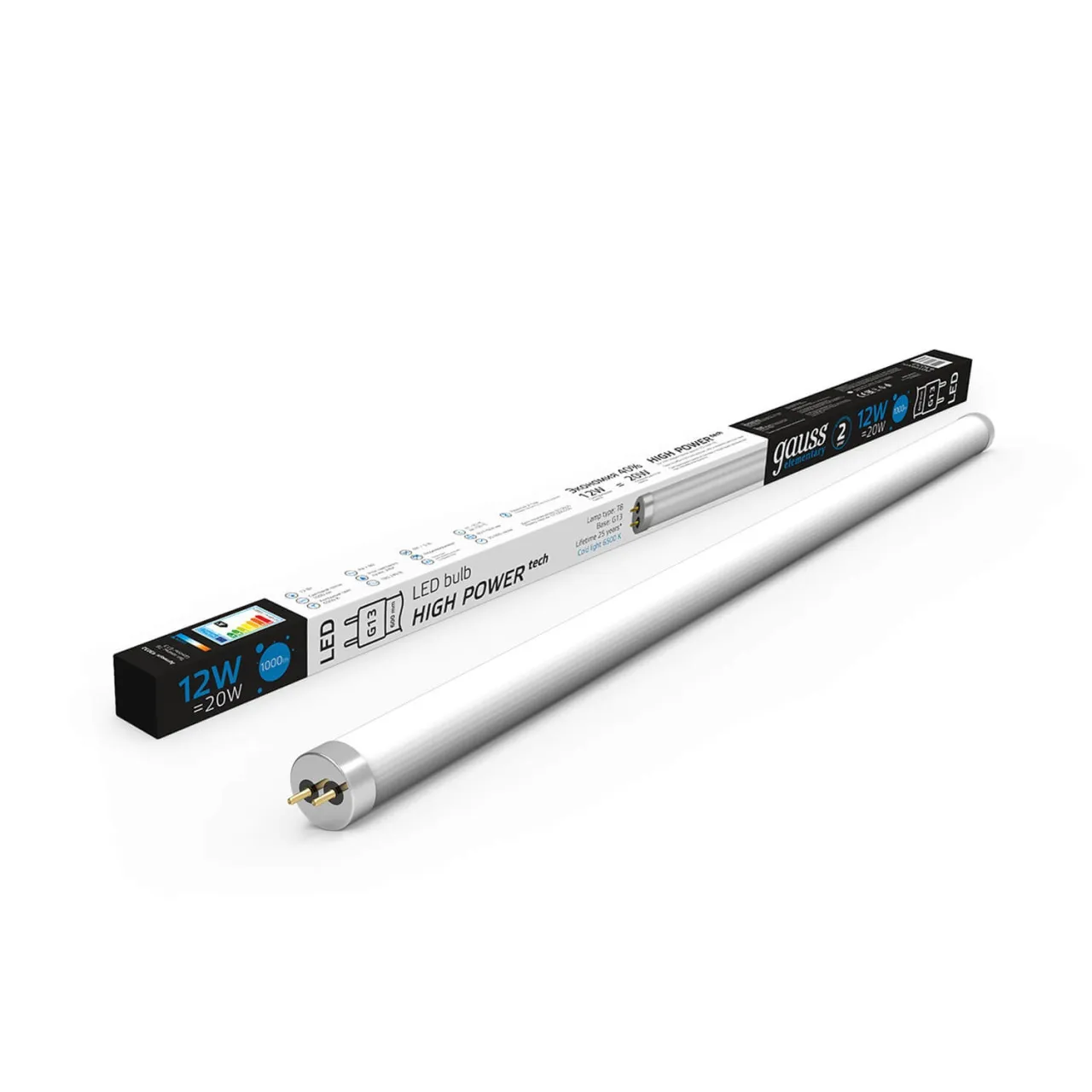 Лампа Gauss Elementary T8 12W 1000lm 6500K G13 600mm стекло LED 1/20 93032