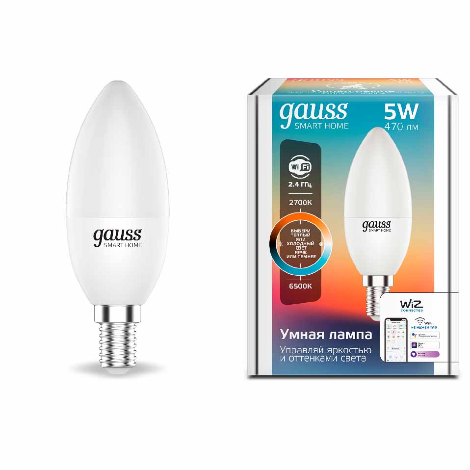 Лампа Gauss Smart Home С37 5W 470lm 2700-6500К Е14 изм.цвет.темп.+диммирование LED 1/10/40 1110112