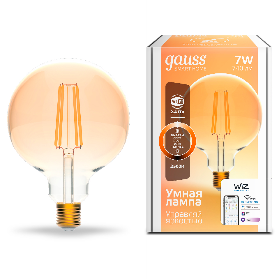 Лампа Gauss Smart Home Filament G95 7W 740lm 2500К E27 диммируемая LED 1/40 1320112 