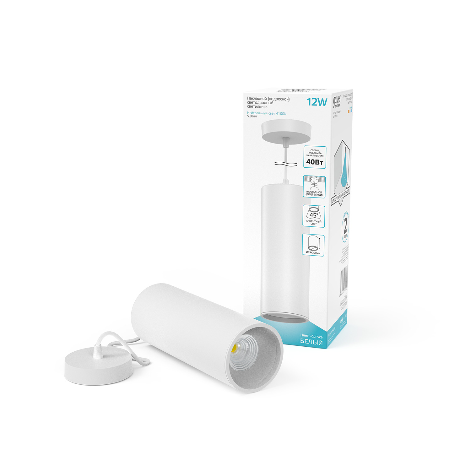 Светильник Gauss Overhead подвесной цилиндр 12W 920lm 4100K 170-240V IP20 79*200мм белый LED 1/10 HD036