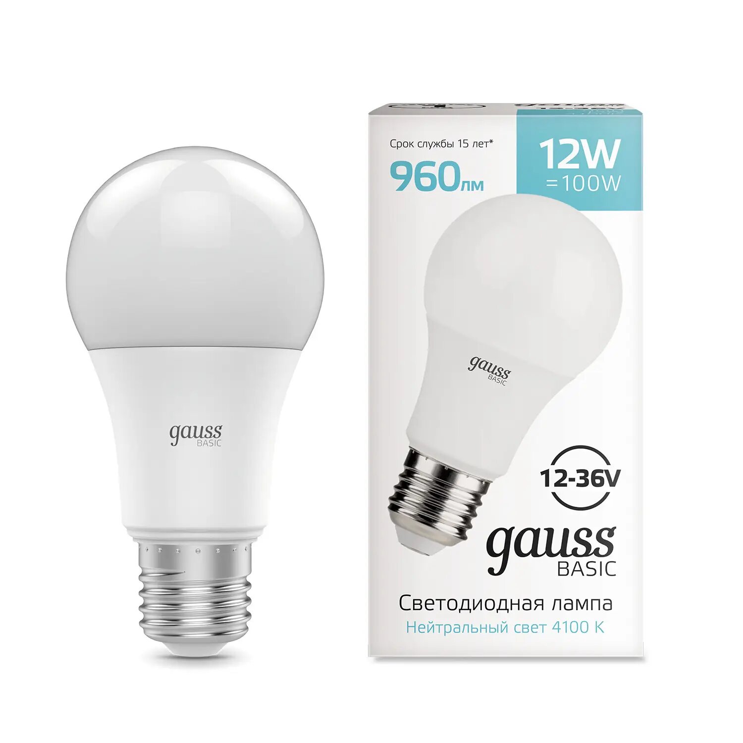 Лампа Gauss Basic A60 AC12-36V 12W 960lm 4100K E27 LED 1/5/50 202402212