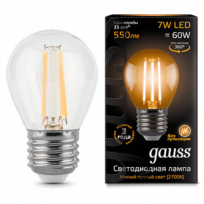 Лампа Gauss LED Filament Шар E27 7W 550lm 2700K 1/10/50 105802107
