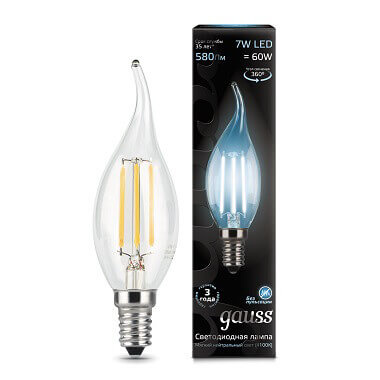Лампа Gauss LED Filament Свеча на ветру E14 7W 580lm 4100К 1/10/50 104801207