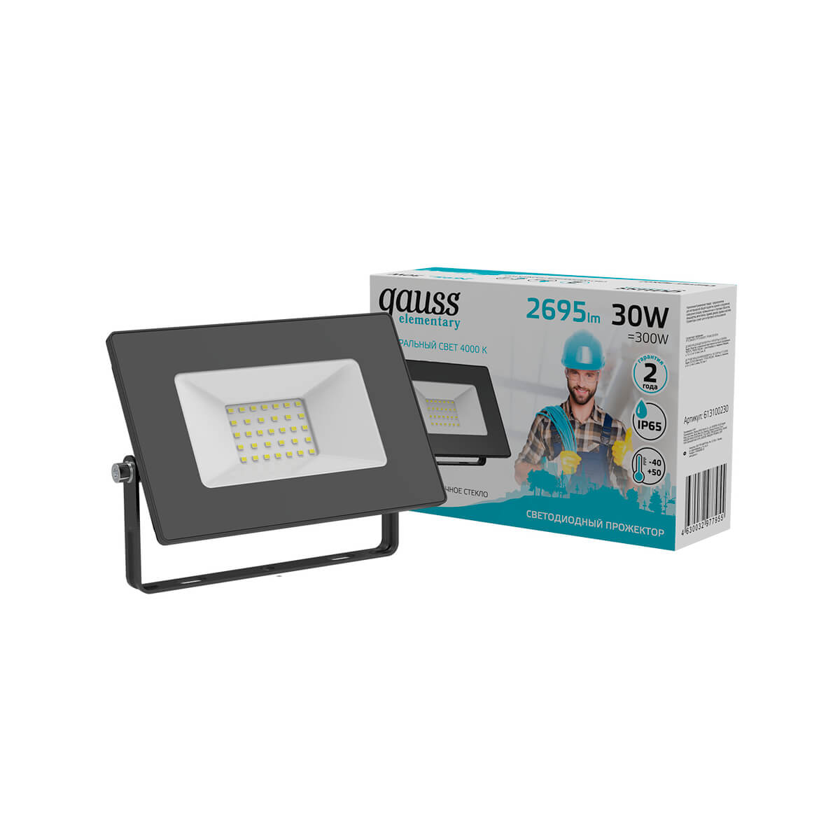 Прожектор Gauss Elementary 30W 2695lm 4000К 200-240V IP65 черный LED 1/10 613100230