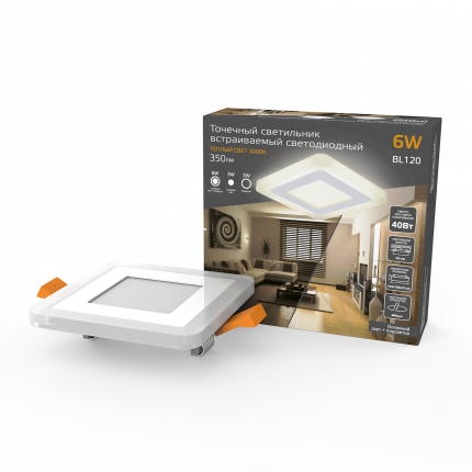 Светильник Gauss Backlight кв 3+3W 350lm 3000K 180-265V IP20 монт Ø85 105*105*31мм 3 реж  LED 1/40 BL120