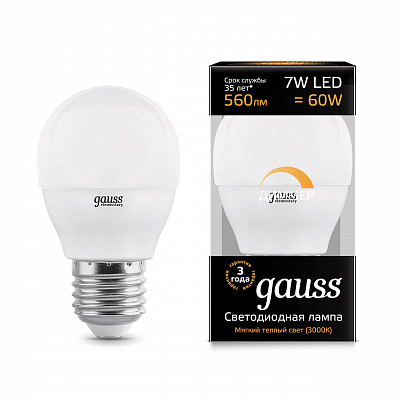 Лампа Gauss LED Шар-dim E27 7W 560lm 3000К диммируемая 1/10/100 105102107-D