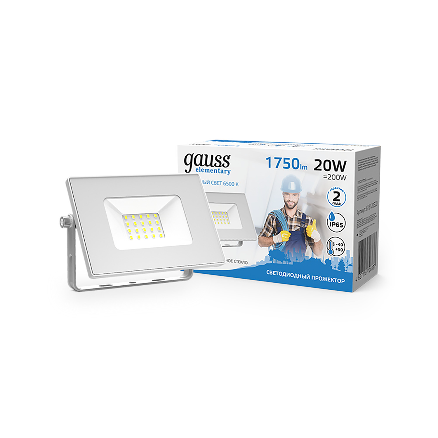 Прожектор Gauss Elementary 20W 1750lm 6500K 200-240V IP65 белый LED 1/20 613120320