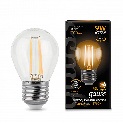 Лампа Gauss LED Filament Шар E27 9W 680lm 2700K 1/10/50 105802109