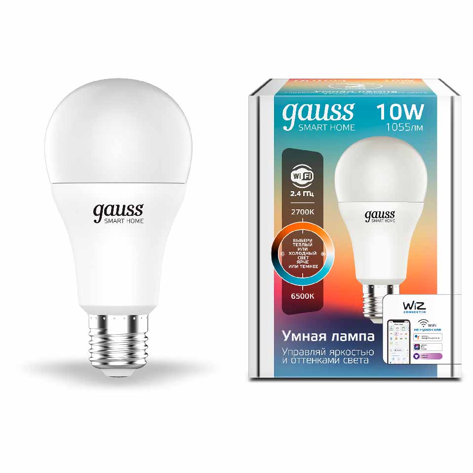 Лампа Gauss Smart Home A60 10W 1055lm 2700-6500К E27 изм.цвет.темп.+диммирование LED 1/10/40 1080112