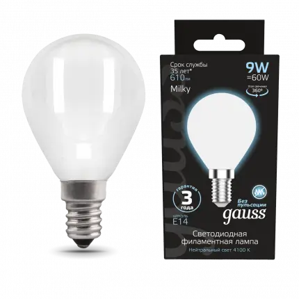 Лампа Gauss Filament Шар 9W 610lm 4100К Е14 milky LED 1/10/50 105201209