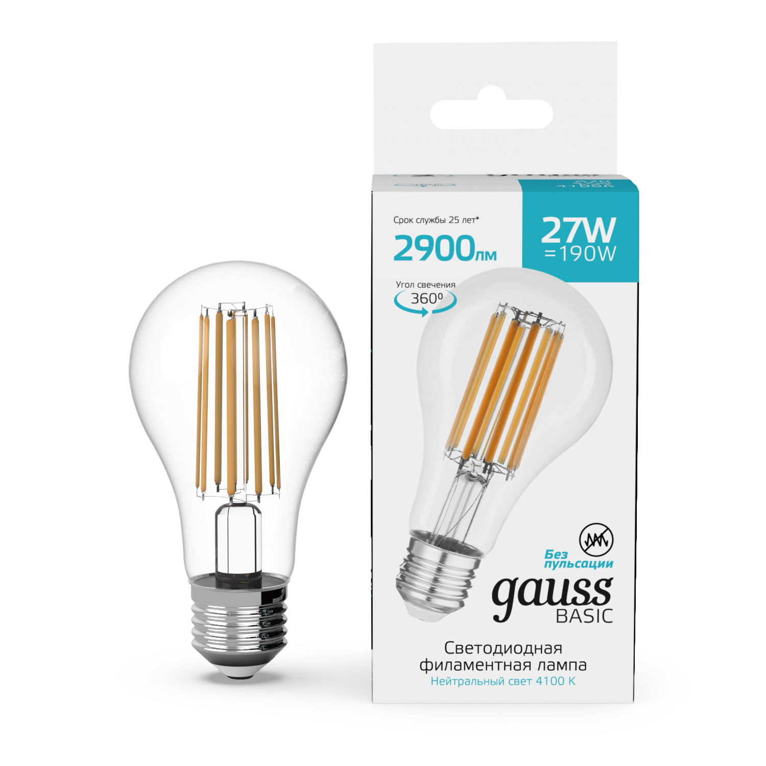 Лампа Gauss Basic Filament А70 27W 2900lm 4100К Е27 LED 1/10/40 40712272