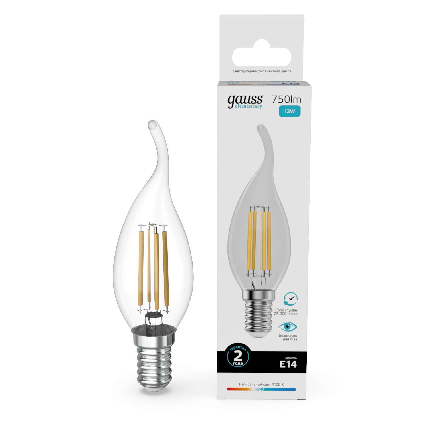 Лампа Gauss Filament Elementary Свеча на ветру 12W 750lm 4100К Е14 LED 1/10/100 42122
