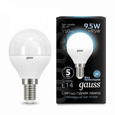 Лампа Gauss LED Шар E14 9.5W 950lm 4100K 1/10/50 105101210