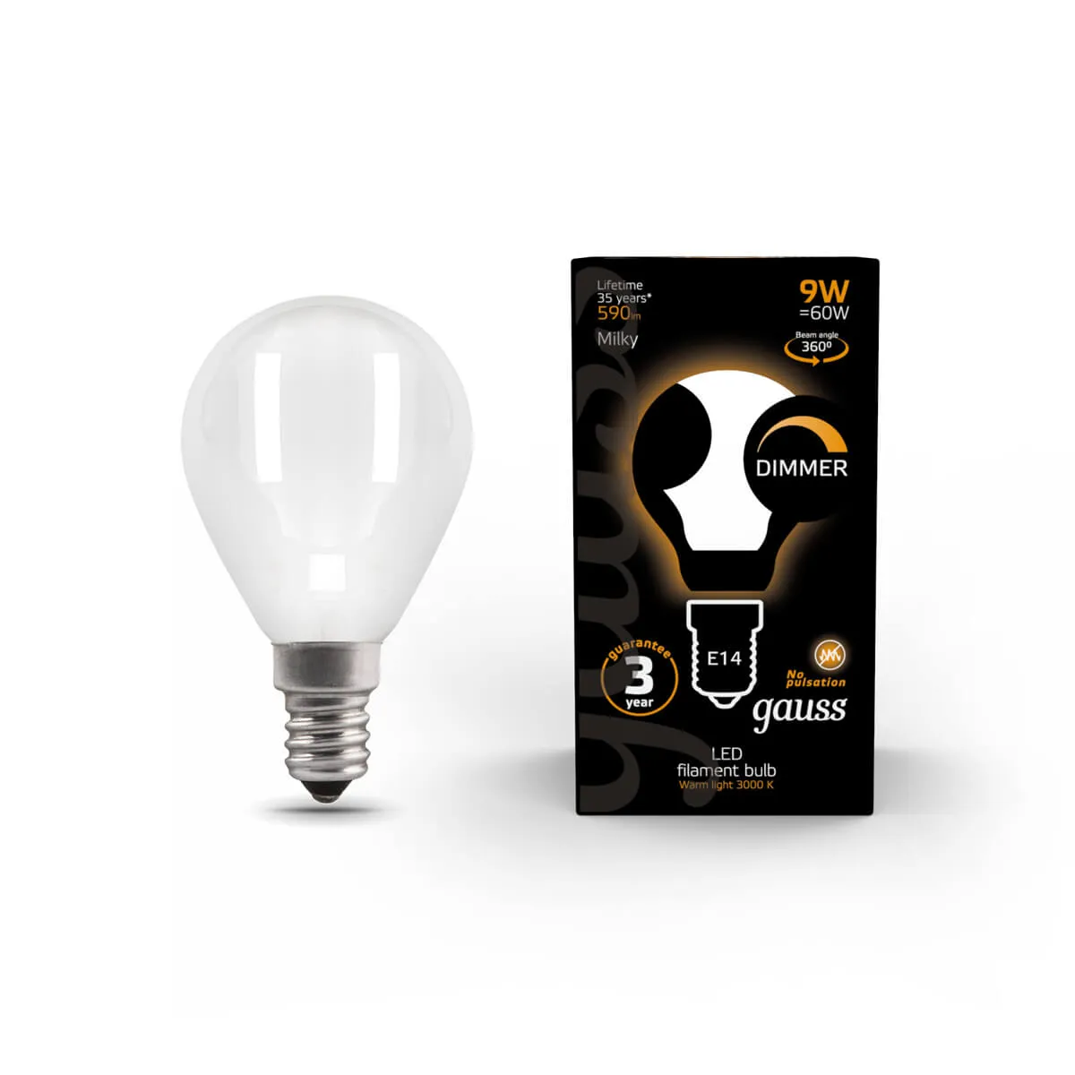 Лампа Gauss Filament Шар 9W 590lm 3000К Е14 milky диммируемая LED 1/10/50 105201109-D