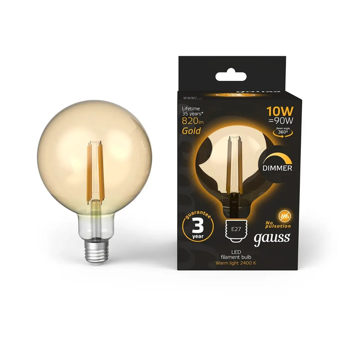 Лампа Gauss Filament G125 10W 820lm 2400К Е27 golden диммируемая LED 1/20 158802010-D