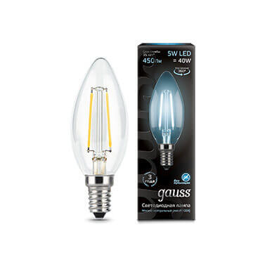 Лампа Gauss LED Filament Свеча E14 5W 450lm 4100К 1/10/50 103801205