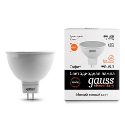 Лампа Gauss LED Elementary MR16 GU5.3 9W 640lm 3000K 1/10/100 13519