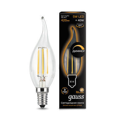 Лампа Gauss LED Filament Свеча на ветру dimmable E14 5W 420lm 2700K 1/10/50 104801105-D