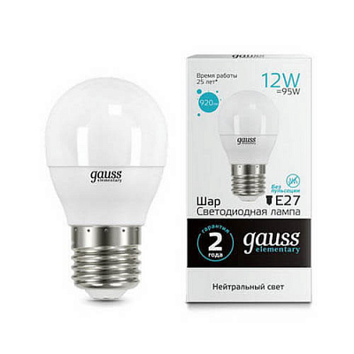 Лампа Gauss LED Elementary Шар 12W 920lm E27 4100K 1/10/100 53222
