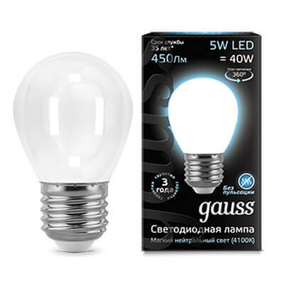 Лампа Gauss LED Filament Шар OPAL E27 5W 450lm 4100K 1/10/50 105202205