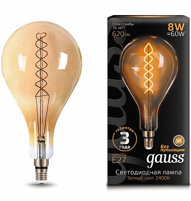 Лампа Gauss LED Vintage Filament Flexible A160 8W E27 160*300mm Golden 620lm 2400K 1/6 150802008