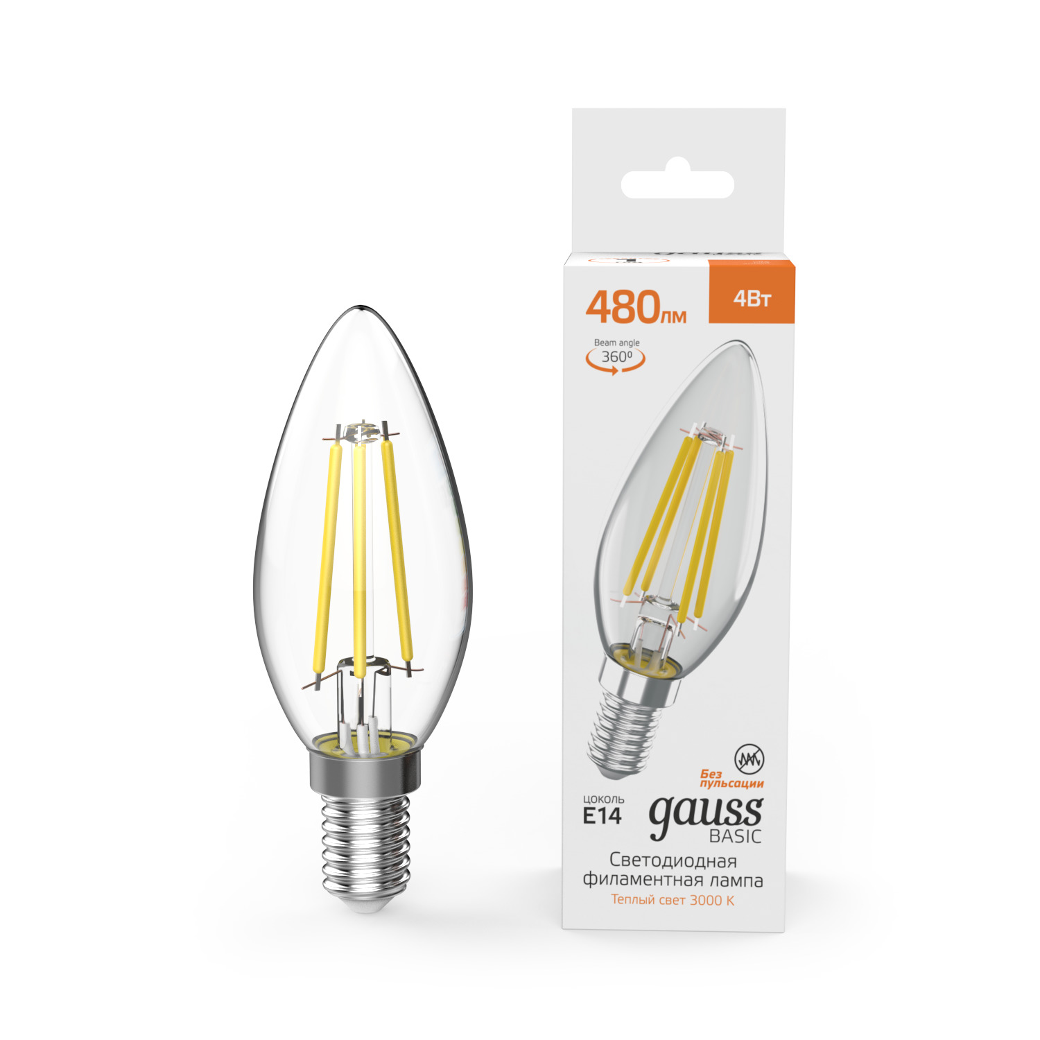 Лампа Gauss Basic Filament Свеча 4W 480lm 3000K E14 LED 1/10/50 50312142