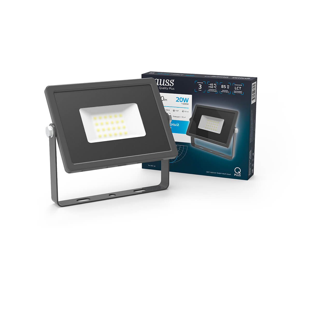 Прожектор Gauss Qplus 20W 1700lm 6500K 200-240V IP65 графитовый LED 1/20 690511320
