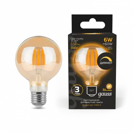 Лампа Gauss Filament G95 6W 620lm 2400К Е27 golden диммируемая LED 1/20 105802006-D