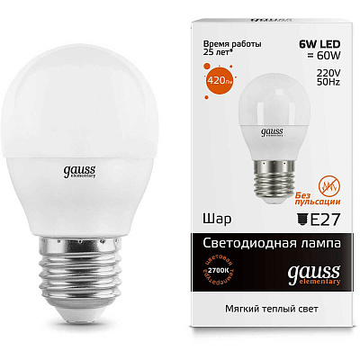 Лампа Gauss LED Elementary Шар 6W E27 420lm 3000K 1/10/100 53216