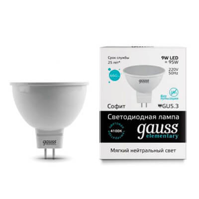 Лампа Gauss LED Elementary MR16 GU5.3 9W 660lm 4100K 1/10/100 13529