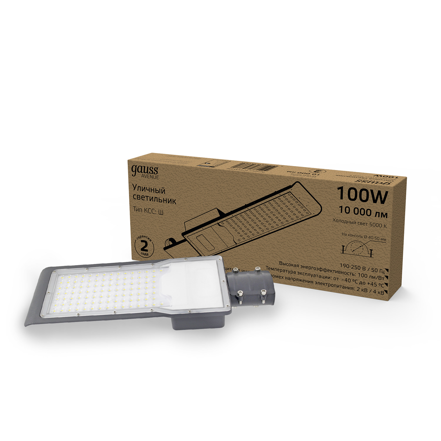 Светильник уличный Gauss Avenue 100W 10000lm 5000K 190-250V IP65 420*160*57мм черн КСС "Ш" LED 1/10 629534300