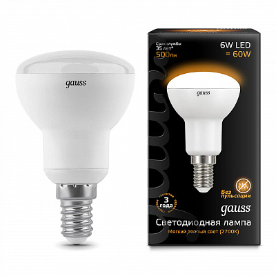Лампа Gauss LED R50 E14 6W 500lm 3000K 1/10/50 106001106