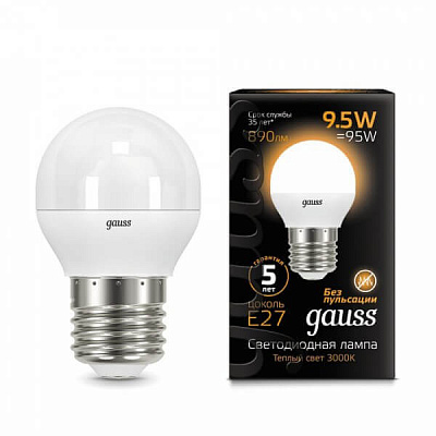 Лампа Gauss LED Шар E27 9.5W 890lm 3000K 1/10/50 105102110