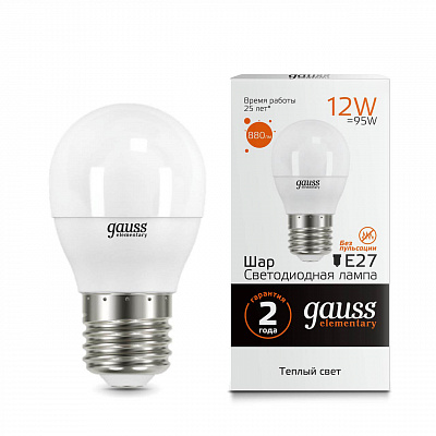 Лампа Gauss LED Elementary Шар 12W 880lm E27 3000K 1/10/100 53212