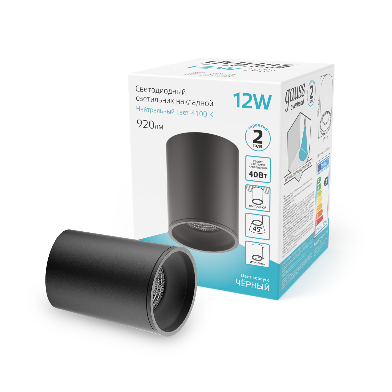 Светильник Gauss Overhead накл цил 12W 920lm 4100K 170-240V IP20 79*100мм черный LED 1/30 HD007