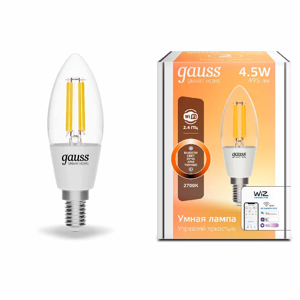 Лампа Gauss Smart Home Filament С35 4,5W 495lm 2700К E14 диммируемая LED 1/10/40 1230112
