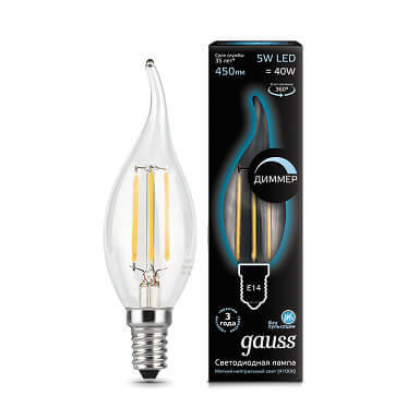 Лампа Gauss LED Filament Свеча на ветру dimmable E14 5W 450lm 4100K 1/10/50 104801205-D