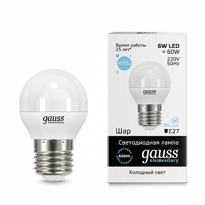 Лампа Gauss LED Elementary Шар 6W E27 470lm 6500K 1/10/100 53236