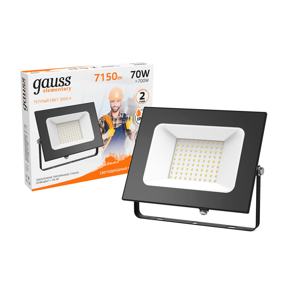 Прожектор Gauss Elementary 70W 7150lm 3000К 175-265V IP65 черный LED 1/10 613527170
