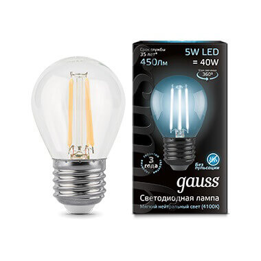 Лампа Gauss LED Filament Шар E27 5W 450lm 4100K 1/10/50 105802205